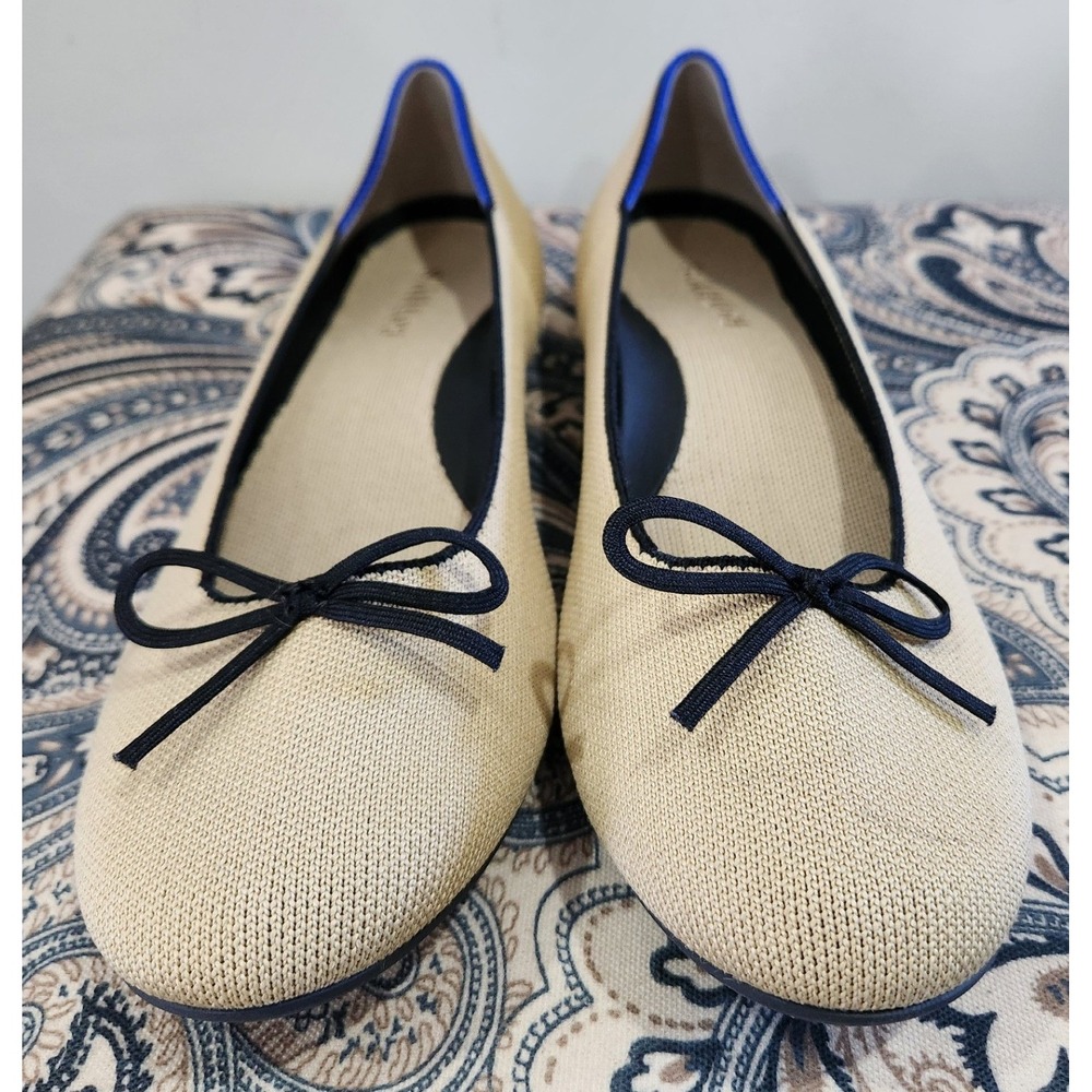 Rothys The Bow Flat Fawn Tan Navy Blue Trim Sustainable Washable Shoes W10